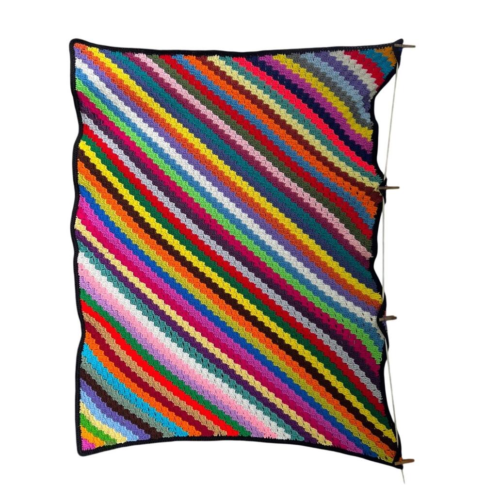 Vintage Handmade Crochet Afghan Rainbow zigzag Throw Blanket Boho Retro 4x5